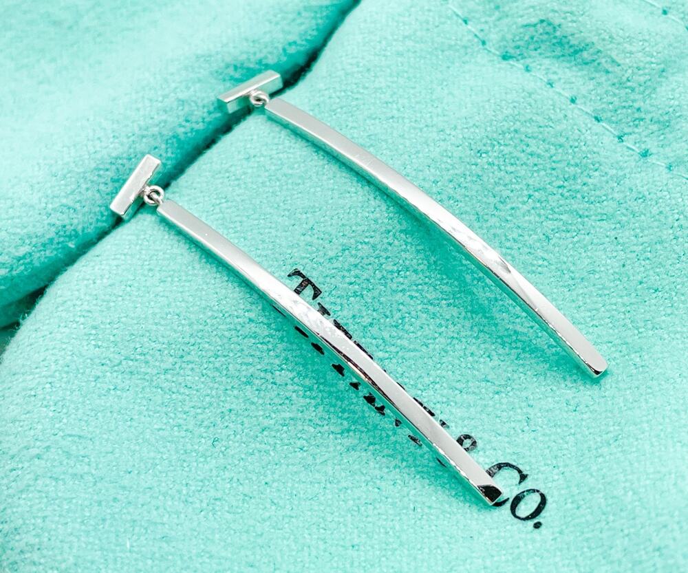 Tiffany & Co. 18K White Gold T Wire Bar Long Dangle Earrings